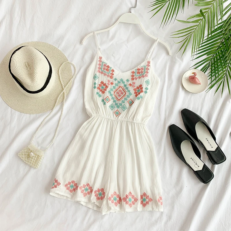 

Seaside Resort National Wind Totem Embroidery V-neck Halter Strap High Waist Slim Wide Leg Shorts Beach Jumpsuit