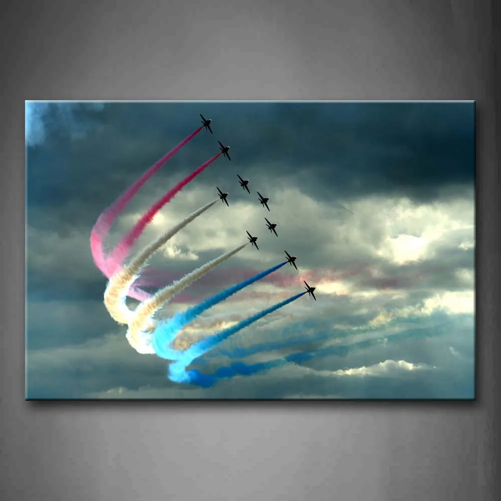 

Framed Wall Art Pictures Plane Air Smoke Sky Canvas Print Aircraft Posters With Wooden Frames For Home Living Room Decor