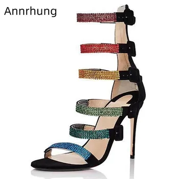 

Sexy Buckle Strap Gladiator Sandals Colourful Rhinestone Thin High Heels Open Toe Narrow Band Catwalk Sandalias Women Shoes