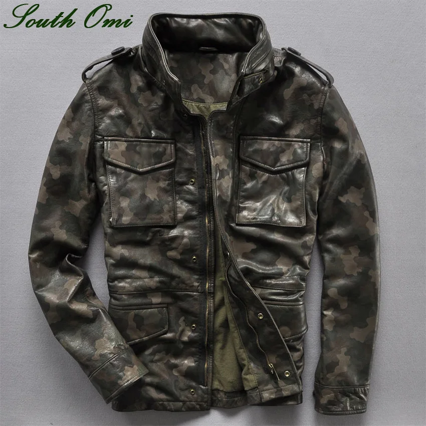 Mens Real Leather Jacket Cowskin Leather Mens Leather Camouflage Frock