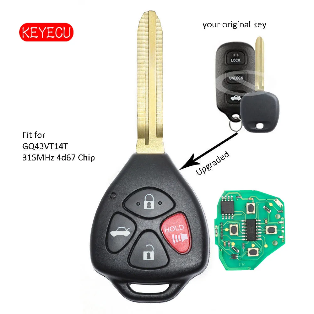 Keyecu Upgraded Remote Key 4 Button Fob 315MHz 4D67 Chip for Toyota Camry Corolla Sienna FCC ID ...