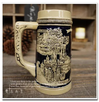 

Europe Style Vintage Ceramic German Beer Mug Frankfurt Hand Painted Mugs Embossed Pattern Coffee Cup 15*9*18cm