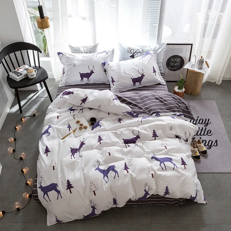 

Cute Cartoon Deer Bedding Sets Elk and Christmas Tree Pattern Duvet Cover Striped Bed Sheet Pillowcases Birthday Gift 3/4pcs