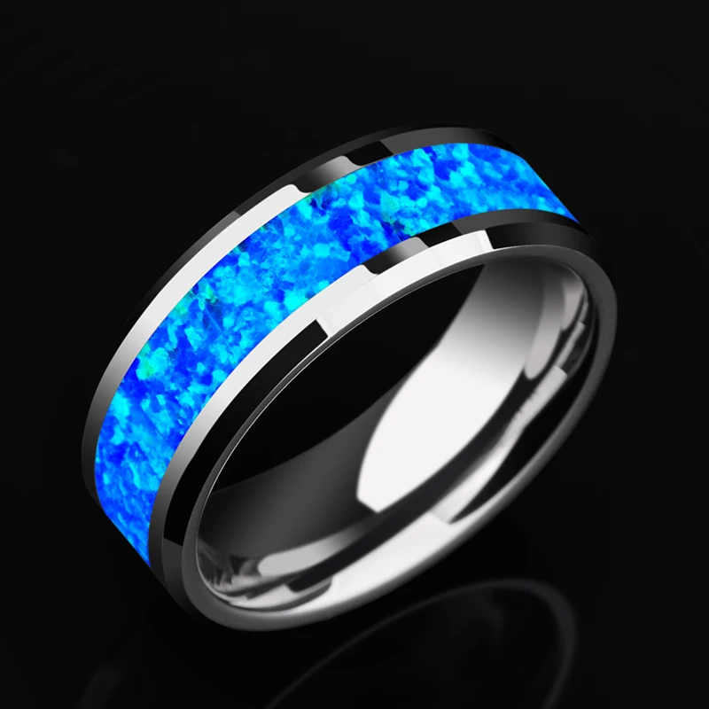 Saya Брендовое роскошное вольфрамовое обручальное кольцо шириной 8 мм с инкрустацией голубым опалом для мужчин и женщин, модное ювелирное изделие, Размер 7-10,5, гравировка