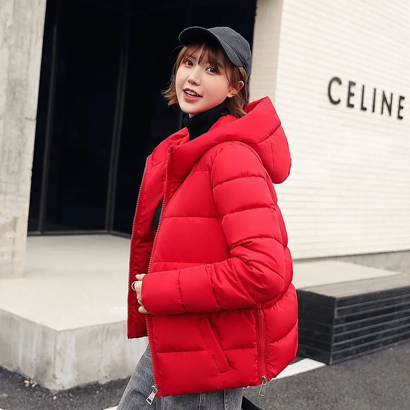 Женский короткий Стильный Зимний пуховик для женщин, новое свободное и плотное зимнее пальто с капюшоном, 8605 - Цвет: Красный