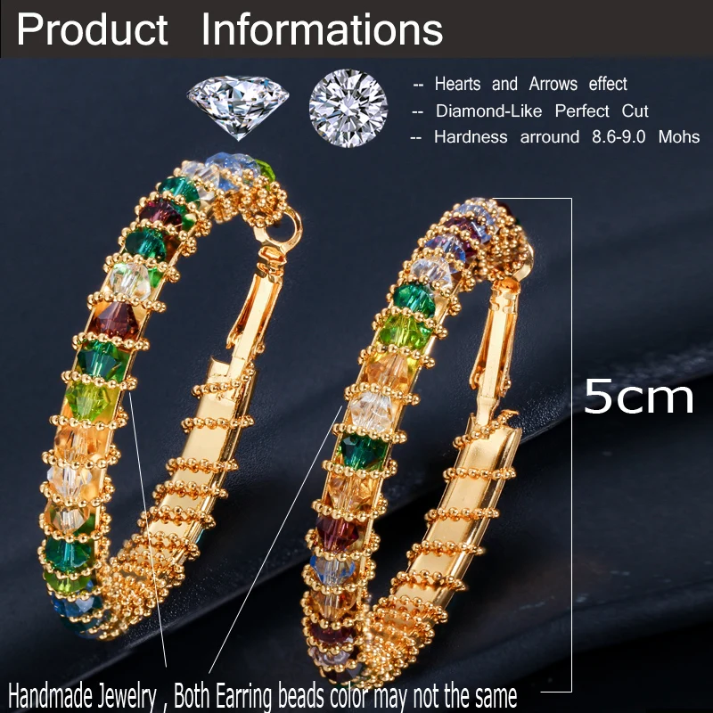 Большие серьги кольца ThreeGraces из желтого золота Разноцветные с фианитами и