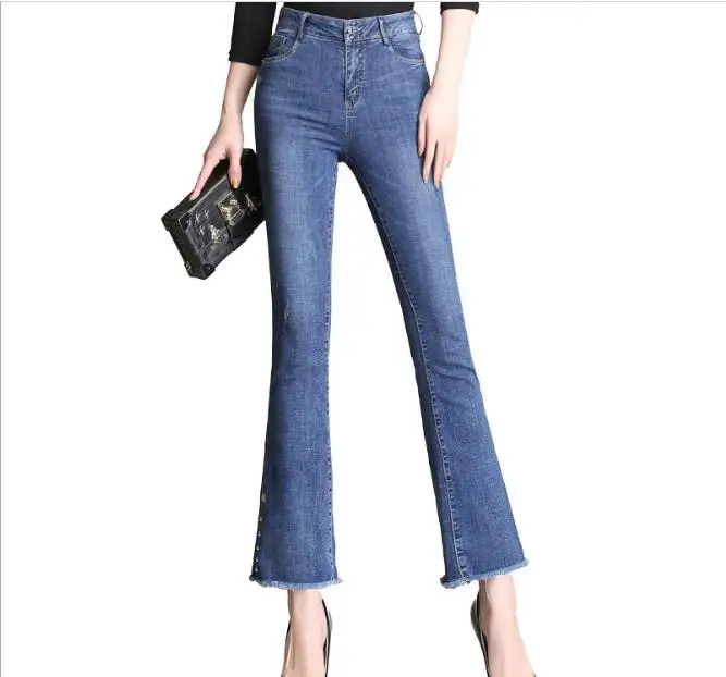 

Plus Size Single Breasted High Waist Skinny Pants Women 2019 Spring Casual Double Pocket Jeans Solid Stretchy Pants