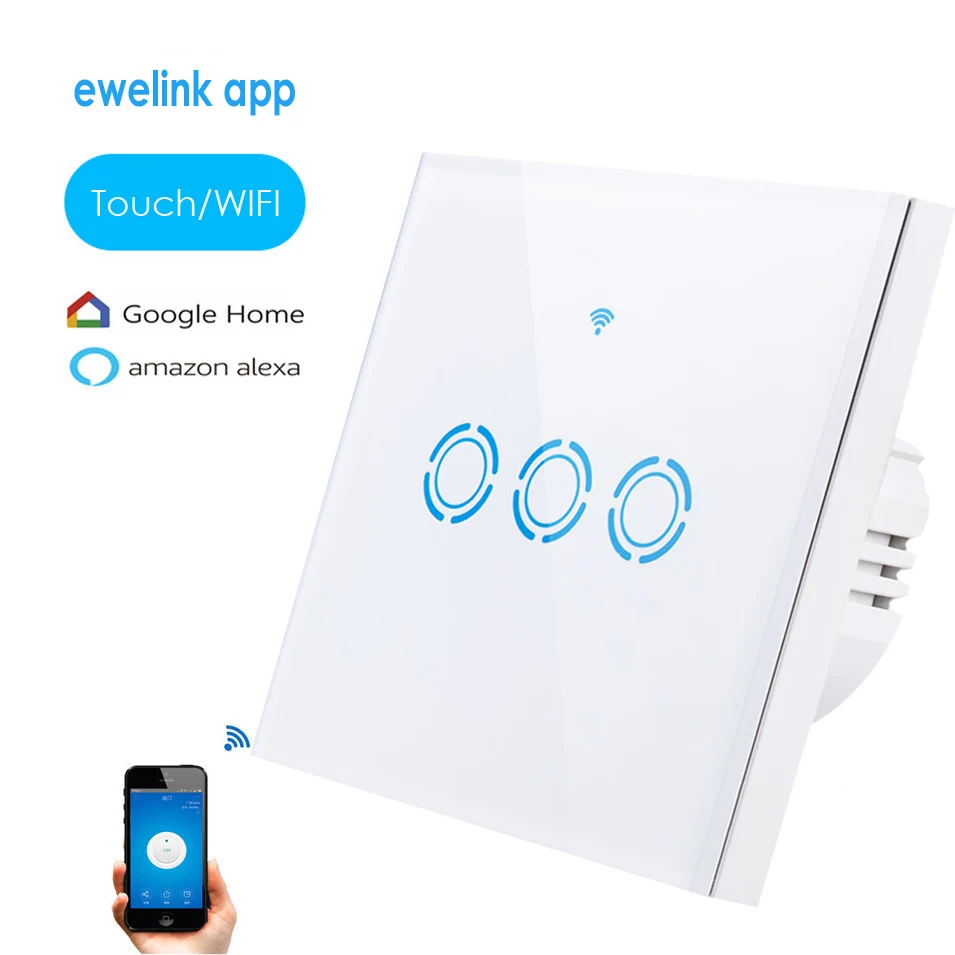 2018 ewelink app 3 Gang 1 way Wifi Control Switch via Android IOS,Wireless Control Light Touch Wall Switch, work with Alexa