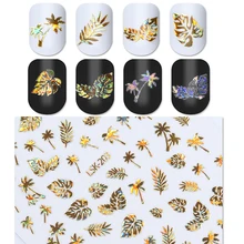 New 1 Sheet Holographic Gold 3D Nail Sticker Coconut Tree Leaf Holo Laser Adhesive Decal Sticker Manicure Nail Art Decoration