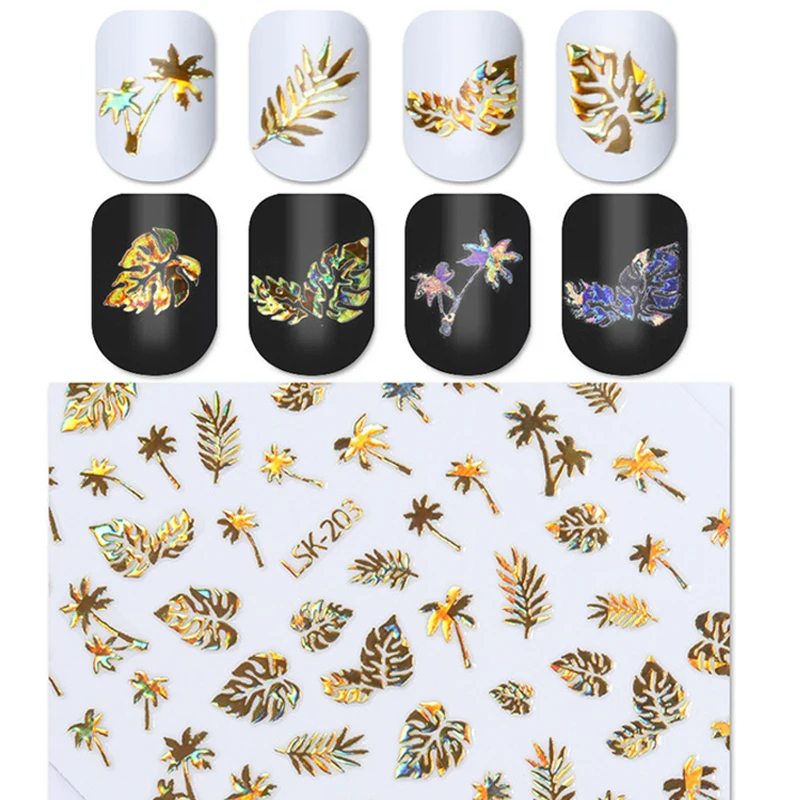 

New 1 Sheet Holographic Gold 3D Nail Sticker Coconut Tree Leaf Holo Laser Adhesive Decal Sticker Manicure Nail Art Decoration