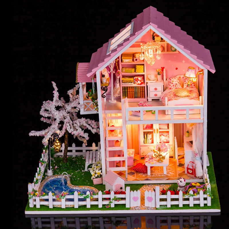 

DIY DollHouse Miniature With Furnitures Wooden Doll House Villa Model Toys Children Gift Under The Cherry Tree 13835 #E