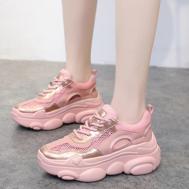 

Vulcanize Female 2019 Women wedges Lace up sneakers Shoes Ladies mixed colors air mesh breathable Anti-slip Walking Footwear