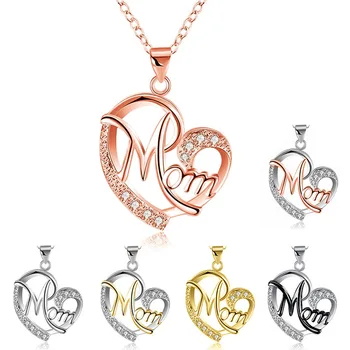 

Love Mom Gift Mama Crystal CZ Necklace Rose Gold Color Jewelry Mother's Day Gift MUM Letters Heart Pendant Necklace