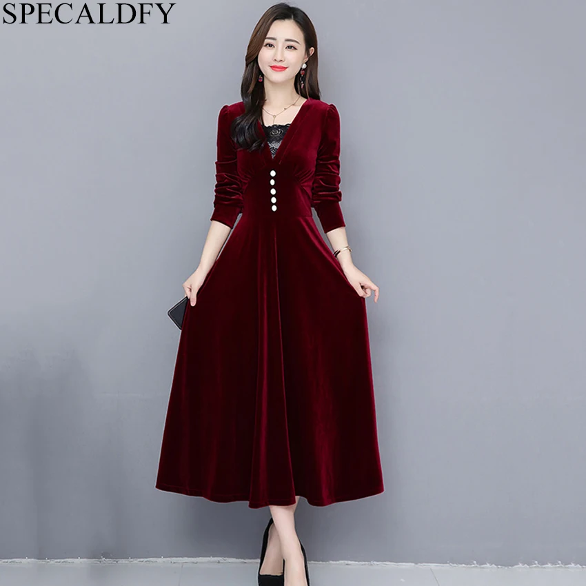 2019 Spring Winter Velvet Dress Women Long Sleeve Vintage Dress Runway