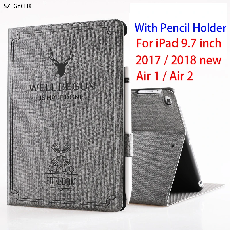 

Cover For new iPad 9.7 inch 2017 2018 Air 1 2 Auto Wake Smart Case Deer Pattern PU Leather Soft Silicone Case With Pencil Holder
