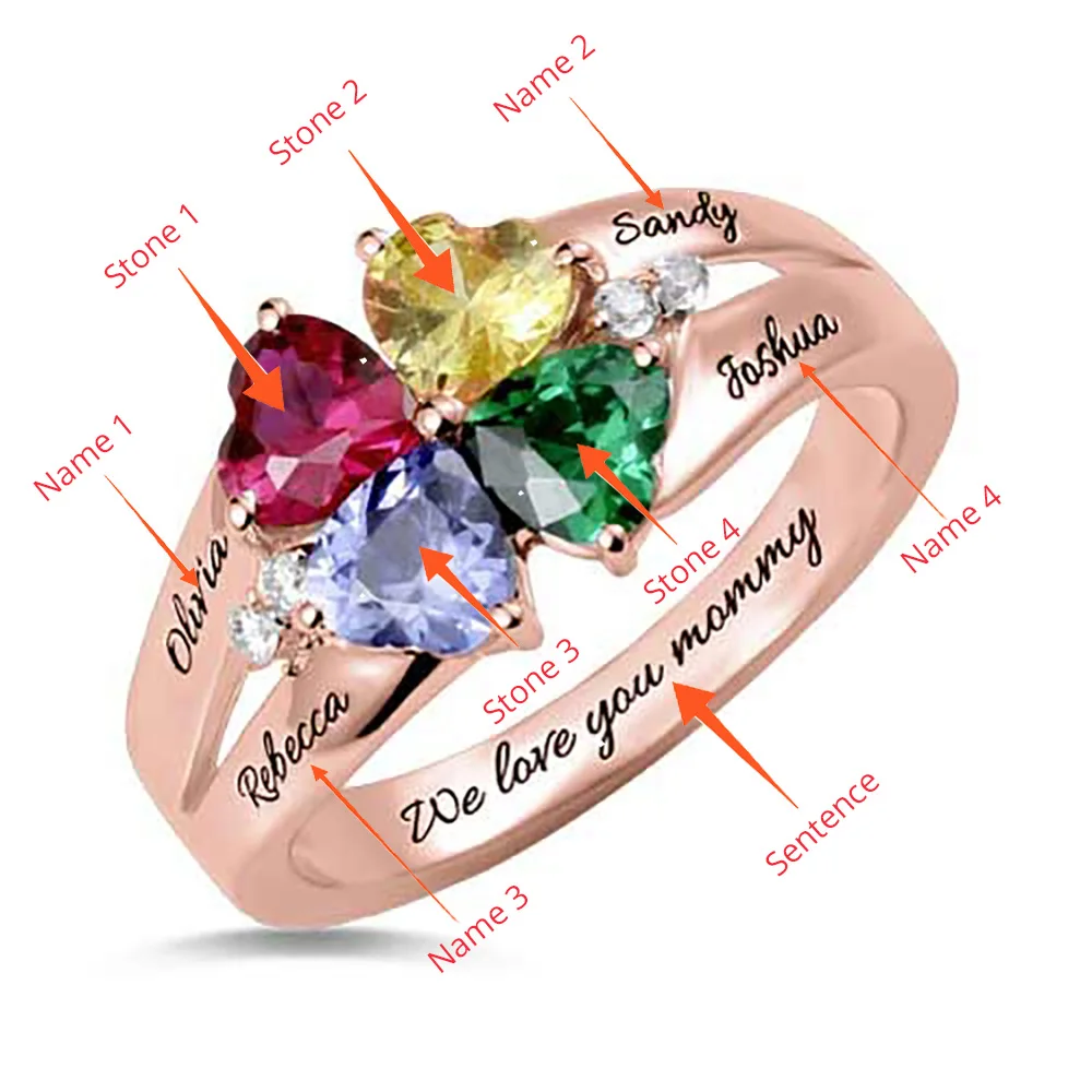 SG Personalized 925 Sterling Silver Rings Custom Heart Birthstone Ring With 2-5 Names Jewelry for women Mother day's Gift - Цвет основного камня: 4 heart rose gold