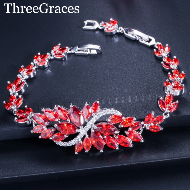 

ThreeGraces Red Marquise Shape Bridal Wedding Jewelry Cubic Zircoina Crystal 925 Silver Bracelet Bangle For Women Banquet BR106