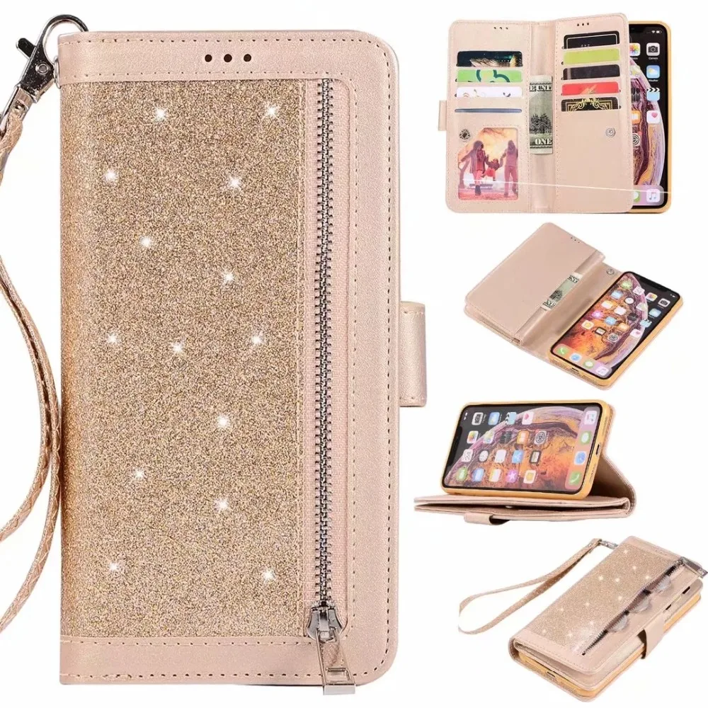 

For Huawei Mate 20 Lite P20 Pro Galaxy Note 9 8 S9 S8 Zipper ID 9 Card Slot Sparkle Leather Wallet Case Bling Glitter Pouch 1PCS