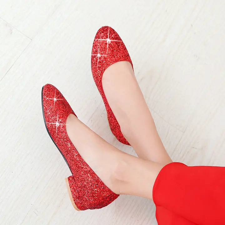 Модная женская обувь с блестками; туфли-лодочки на высоком квадратном каблуке; вечерние женские свадебные туфли без застежки; цвет золотой, серебряный, красный - Цвет: Red 2cm
