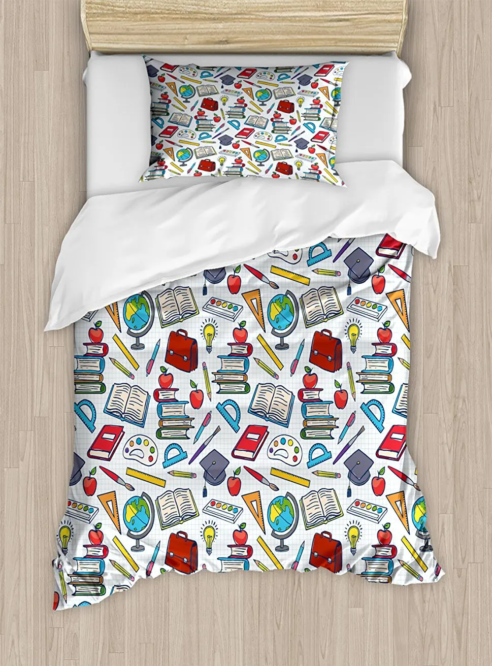 Duvet Cover Set, Elementary School Theme Student Supplies Globe Paints