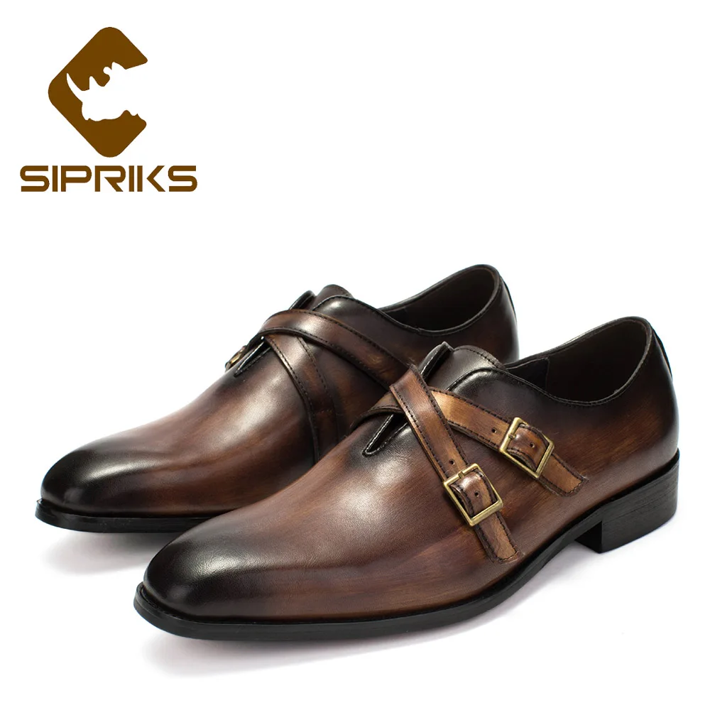 Sipriks/мужские коричневые модельные туфли из лакированной кожи с двумя ремешками; деловые мужские свадебные туфли; удобная обувь на плоской подошве - Цвет: Коричневый