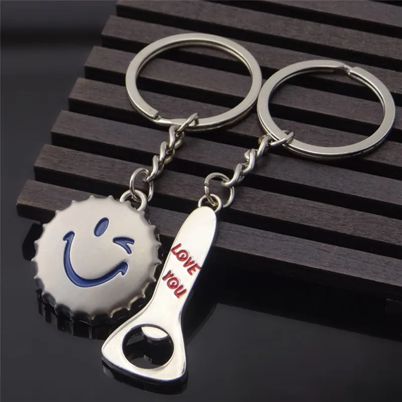 

Pinksee 2pcs Personality Keychain Metal Keyring Couple Bottle Cap Beer Opener Smile Face Love You Chain Unique Gift
