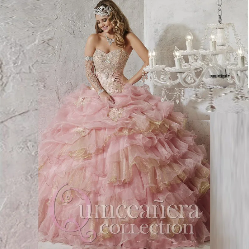 2016 Light Pink Gold Organza Tiered Ball Dress For 15 Years 2016 Light Pink Gold Organza Tiered Ball Dress For 15 Years Vestidos Fashionable Sweetheart Beaded Crystal Quinceanera Dresses In From