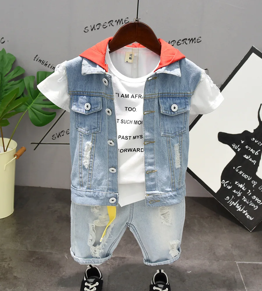 

2019 Summer Children kid's boys Cowboy Patch vest coat+letter print t-shirt +Denim Hole shorts 3 pcs Clothes Set C2288