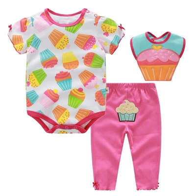 Летний комплект одежды из 3 предметов для маленьких девочек, roupa infantil, хлопковый комплект одежды для малышей с принтом мороженого, Детский комбинезон+ штаны+ нагрудник для маленьких мальчиков - Цвет: FM001
