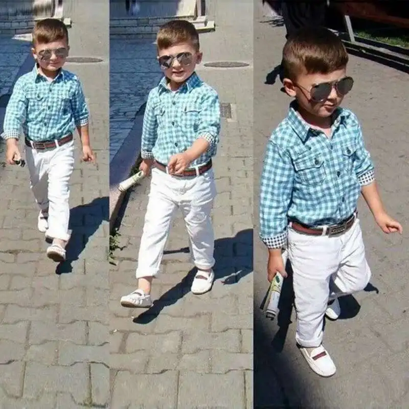 

Boys clothes set kids loose-fitting cotton plaid shirt+ pants+ belt 3 pcs minion kids clothing set retail 2018 new fashion