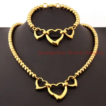 

Cute Design Womens Fashion Hollow Heart 6/8mm Ball Beads Pure Handmade Chain Necklace & bracelet Set Gold color Xmans Gift