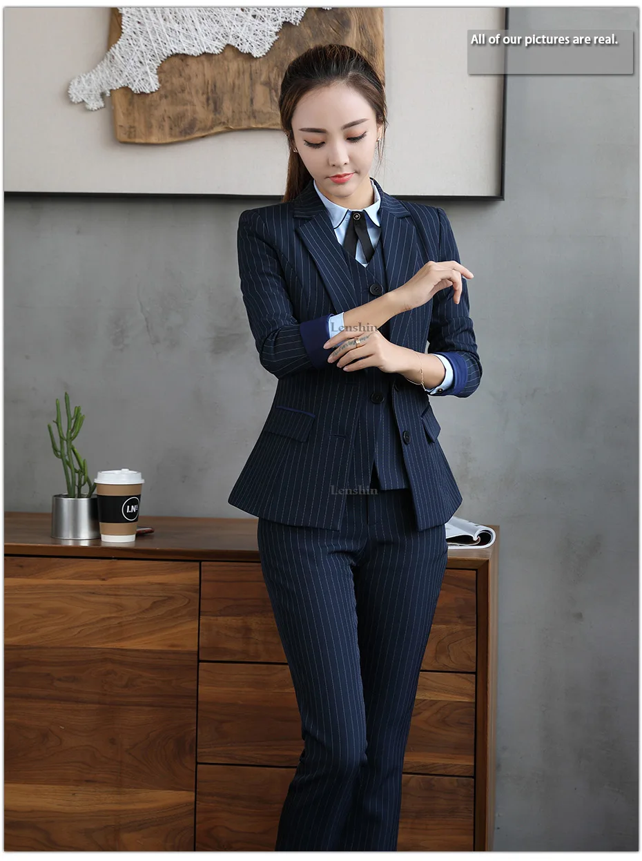 Lenshin комплект из 3 предметов, черный полосатый жилет и брюки, костюмы для деловой женщины, формальная деловая форма, стильная Женская рабочая одежда