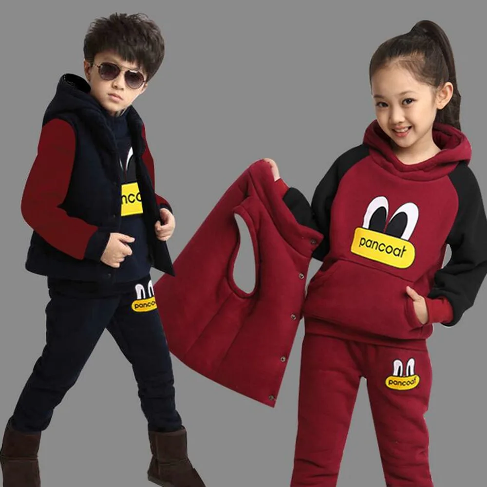New Boy Girls Winter Set Children's Clothing Child Sports Thick Fleece