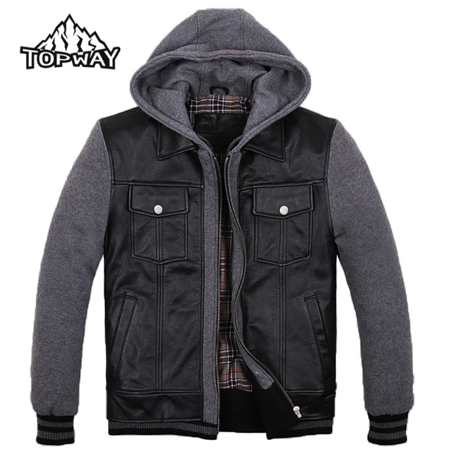 Best price at $217 Cheap 2016 New Warm Slim Fit Hooded Leisure Coat Thicken Soft Chaqueta Cuero Hombre Genuine Lambskin Leather Jacket Men Doudoune Homme