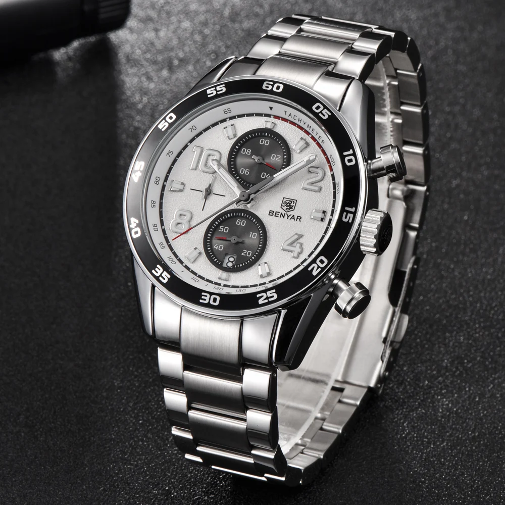 

Luxury Brand BENYAR Men Watches Full Steel Sport Waterproof Chronograph Quartz Black Watch Relogio Masculino dropshipping