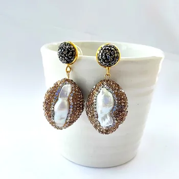 

5Pairs Nature Freshwater Pearl Earrings Gold Color Crystal Rhinestone Paved,Pearl Dangle Earrings For Women Jewelry gift ER856