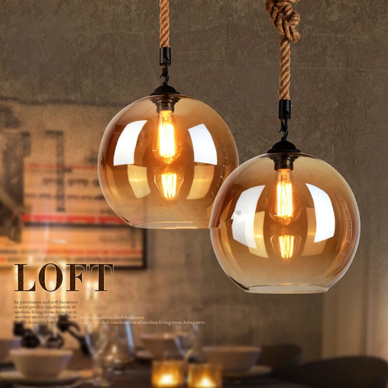 Loft Vintage retro Industrial Glass Ball Hemp rope Pendant Lights E27 AC 110V 220V lamp for Dining room Living Room Cafe Bar