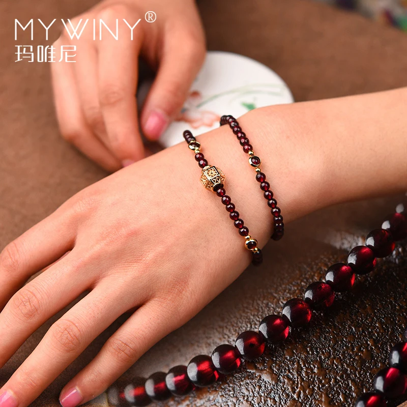 Модный ручной работы натуральный гранатовый браслет для женщин, роскошный винтажный эластичный браслет, этнический красный камень этнический браслет