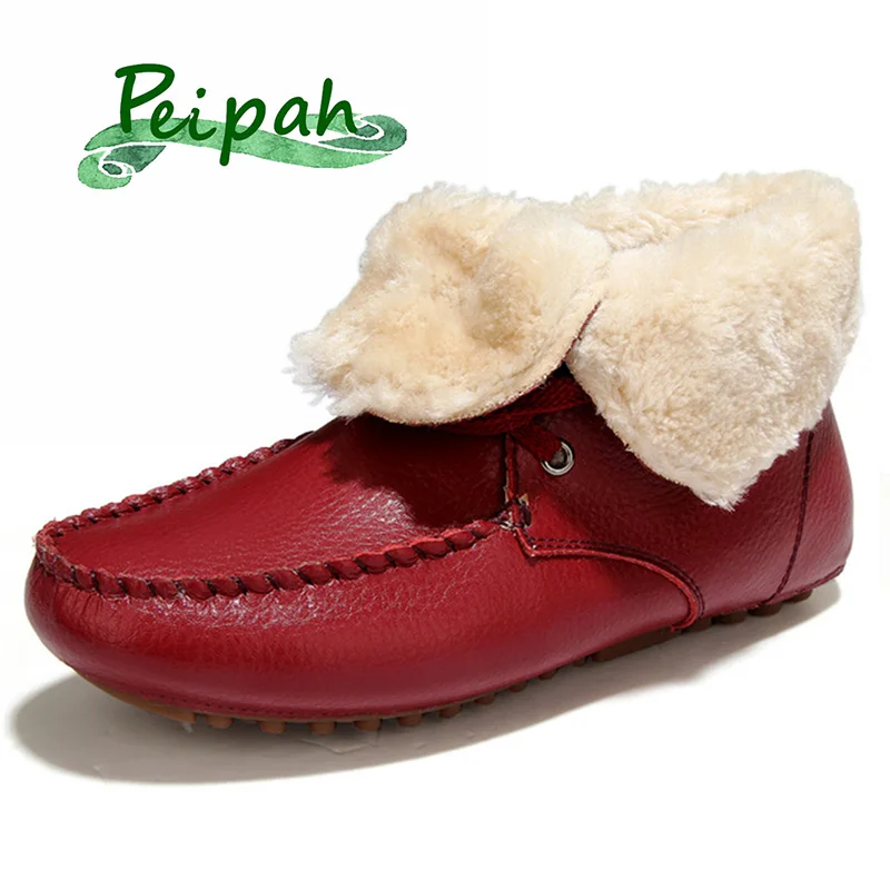 

PEIPAH Winter Models Plus Velvet Genuine Leather Women Shoes Solid Flat Warm Ladies Bean Shoes Casual Shallow Cotton Boots
