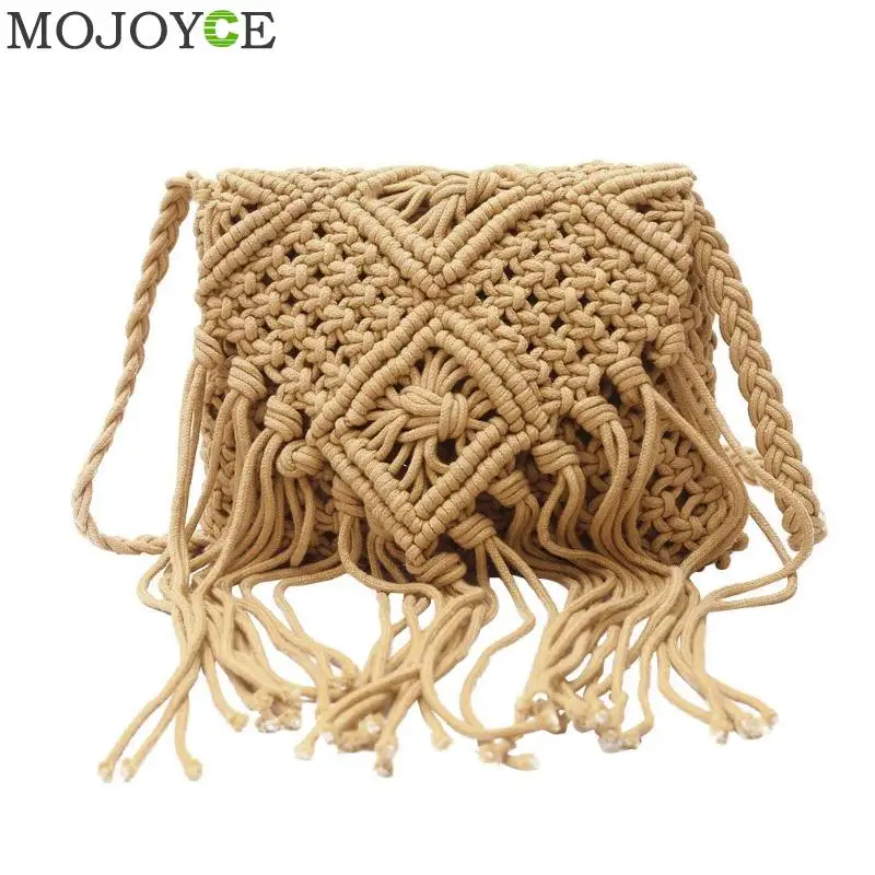 النساء الكتف القش حقيبة اليدوية القطن حبل الجوف خارج المنسوجة شرابة رسول Crossbody حقائب للنساء حقيبة يد بولسا الأنثوية