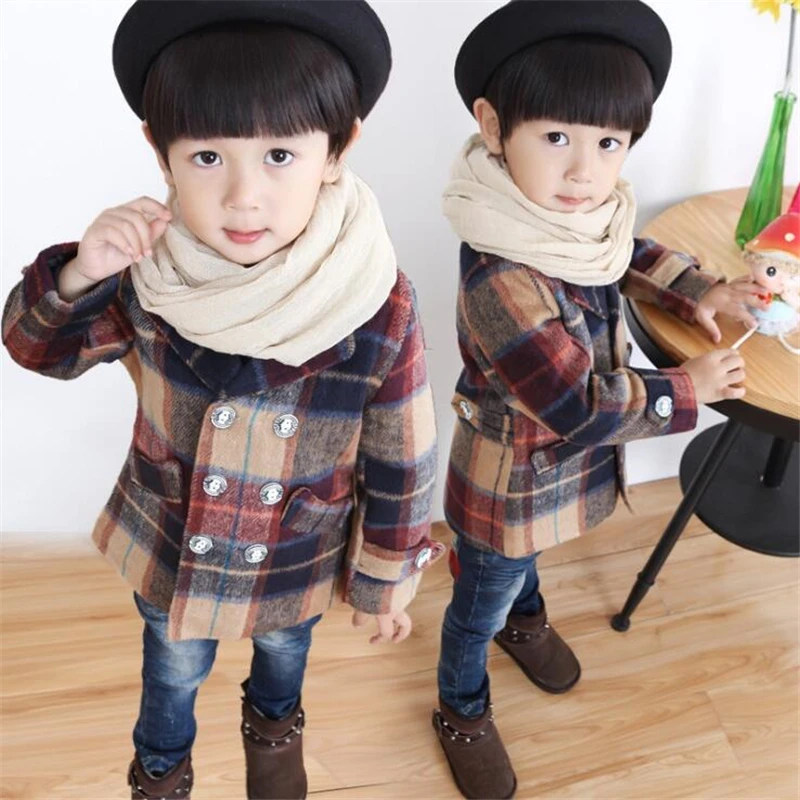New Autumn Winter Boys Long Coat Children Baby Unisex Fashion Plaid Design Double Breasted