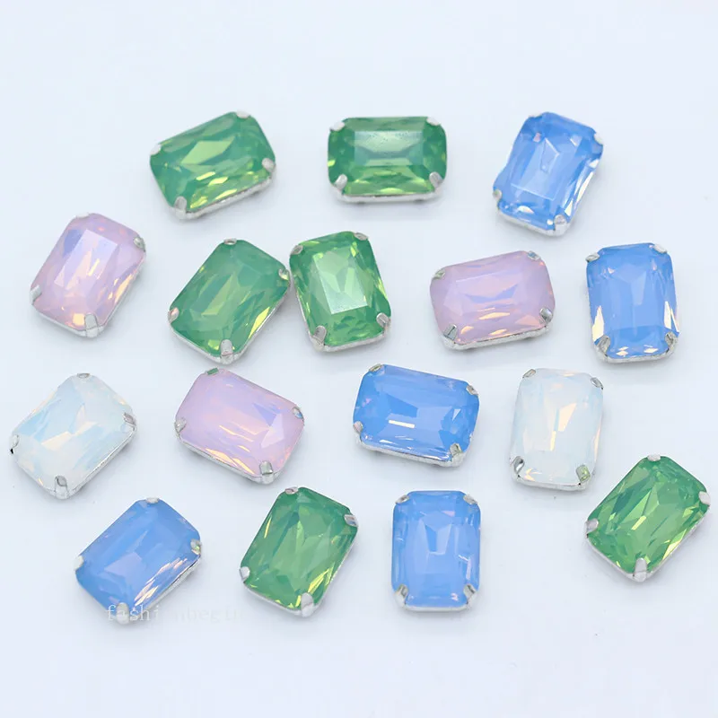 

12p Rectangle Opal color Flatback silver plated 4-Hole claw beads sew on crystal glass rhinestones jewels clothes craft All-size