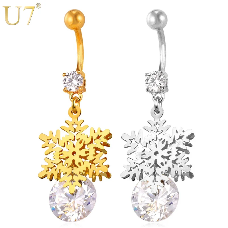 

U7 New Fashion Body Jewelry For Women Gift Crystal Party Navel Ring Piercing Snow Flower Belly Button Ring D012