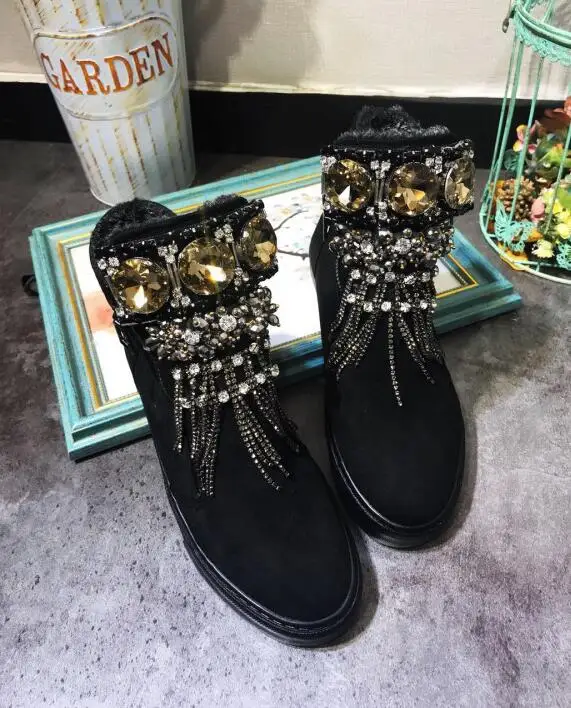 

Homemade New Winter Heavy Duty Rhinestone Beads Super Flash Thai Denim Thicken Plus Cotton Snow Boots Cotton Shoes