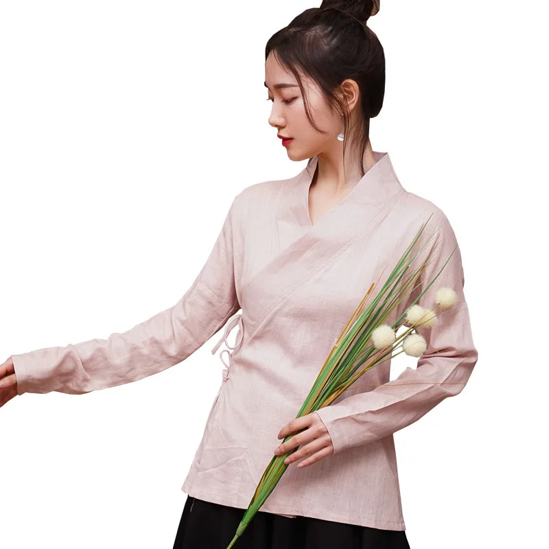 Chinese traditional Hanfu Women Cotton Linen Shirt Blouse Vintage Ladys Solid ops Oriental Hanfu Stage Show Bottoming shirt