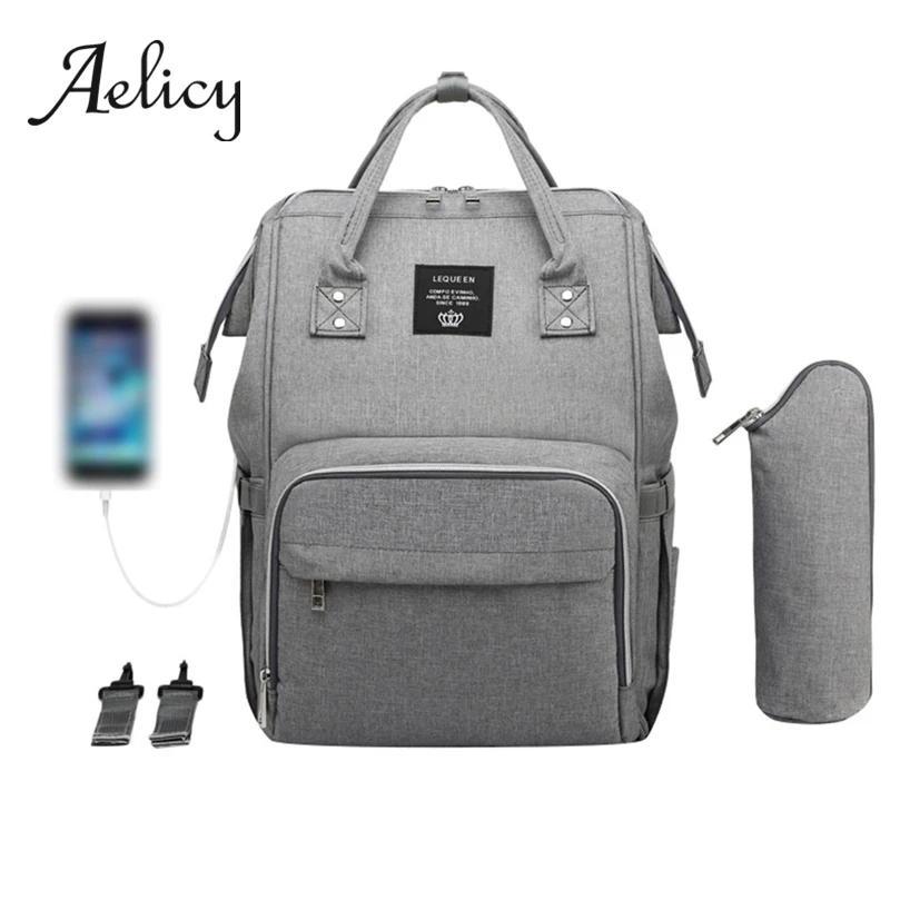 

Aelicy Simple Solid Mummy Bag For Baby Bottle Nappy Large Capacity Nursing Bag Waterproof Diaper Backpack With Usb Charging
