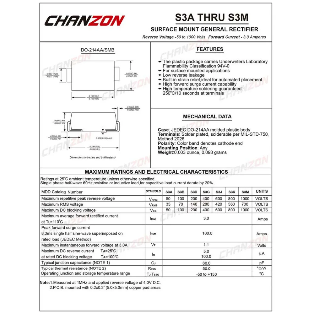 50 шт.) S3M SMD выпрямительный диод 3A 1000 V SMB(DO-214AA) 3 А 1000 Вольт электронные диоды кремния