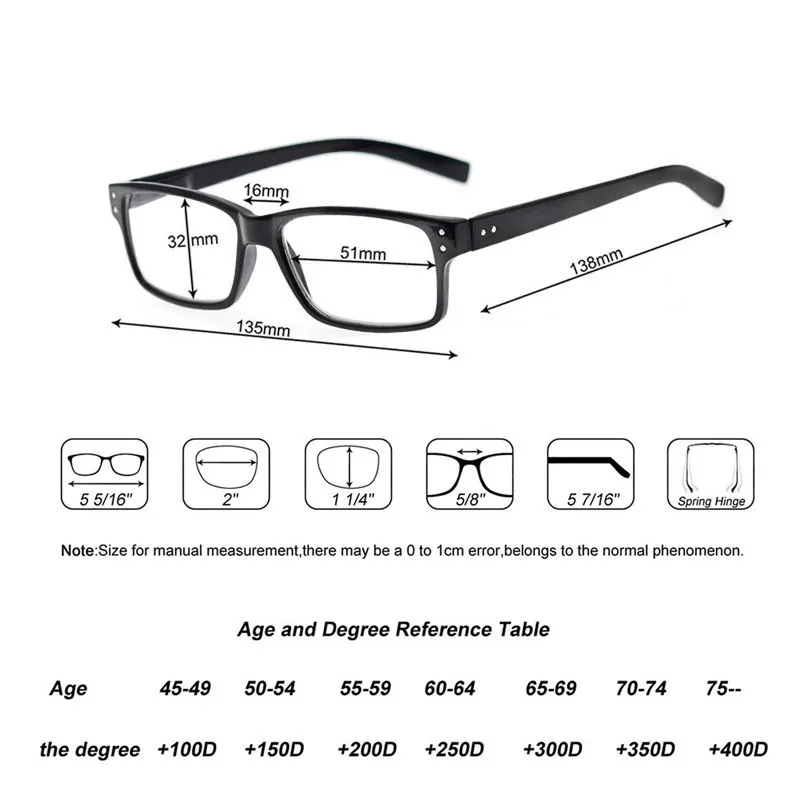 Reading Glasses Men Women Rectangle Frame Clear Lens Black Eyeglasses Presbyopic Ultralight Diopter Male Sight 1.0 1.25 1.75 2.0