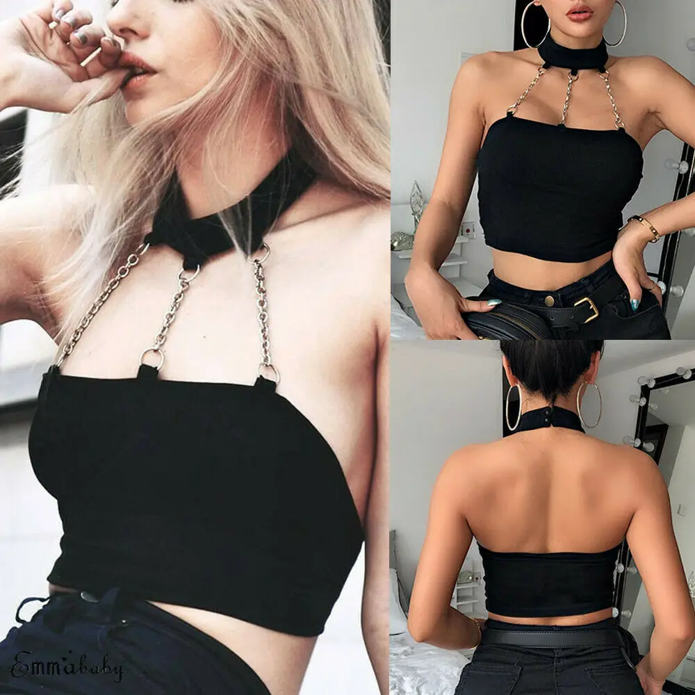 

New 2019 Women Sexy Gothic Solid Halter Chain Neck Crop Top Sleeveless Ladies Blouse Backless Black Tank Top Female Clothing