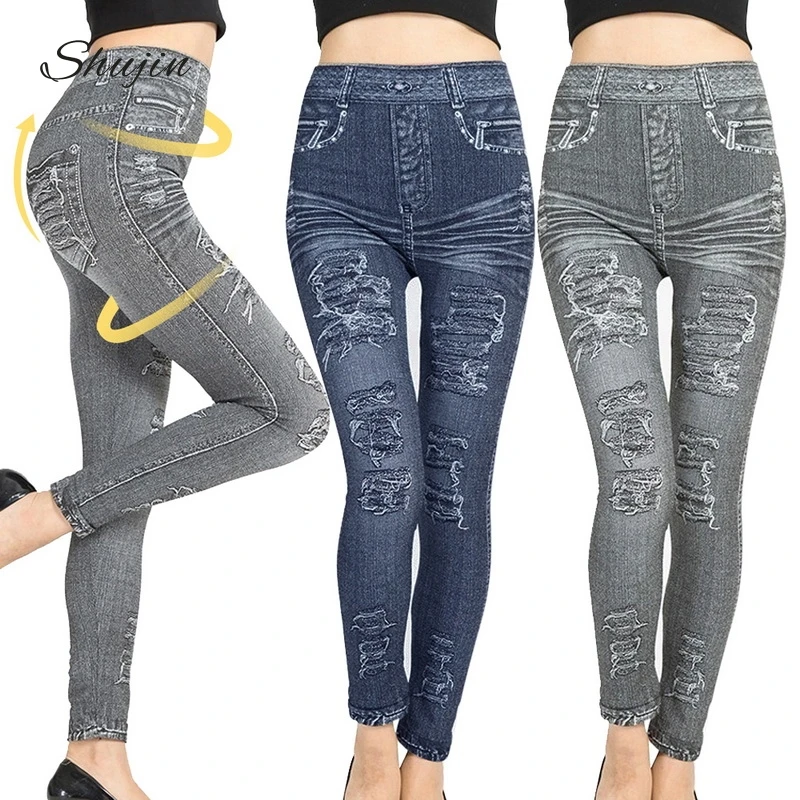 

SHUJIN Fashion Slim Women Leggings Faux Denim Jeans Leggings Sexy Long Pocket Printing Summer Leggings Casual Pencil Pants